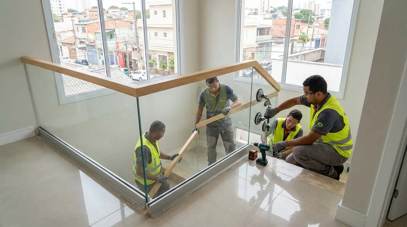 Guarda-corpo de vidro sendo instalado em João Pessoa-PB